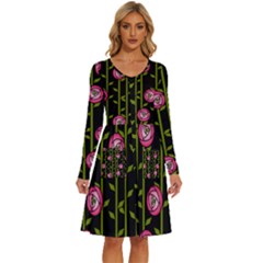 Abstract Rose Garden Long Sleeve Dress With Pocket