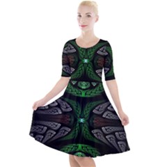 Fractal Green Black 3d Art Floral Pattern Quarter Sleeve A-line Dress