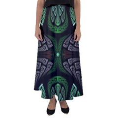 Fractal Green Black 3d Art Floral Pattern Flared Maxi Skirt by Cemarart