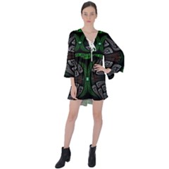 Fractal Green Black 3d Art Floral Pattern V-neck Flare Sleeve Mini Dress