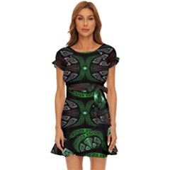 Fractal Green Black 3d Art Floral Pattern Puff Sleeve Frill Dress by Cemarart