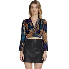 Pattern With Horses Long Sleeve Tie Back Satin Wrap Top