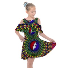 Grateful Dead Bear Pattern Kids  Shoulder Cutout Chiffon Dress