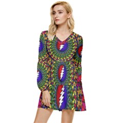 Grateful Dead Bear Pattern Tiered Long Sleeve Mini Dress