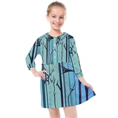 Nature Outdoors Night Trees Scene Forest Woods Light Moonlight Wilderness Stars Kids  Quarter Sleeve Shirt Dress