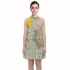 Vintage World Map Velvet Halter Neckline Dress 