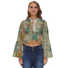 Vintage World Map Boho Long Bell Sleeve Top