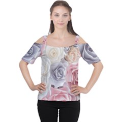 Pastel Rose  Flower Blue Pink White Cutout Shoulder T-shirt