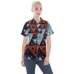 Fractal Triangle Geometric Abstract Pattern Women s Short Sleeve Pocket Shirt