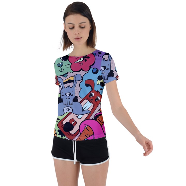 Graffiti Monster Street Theme Back Circle Cutout Sports T-Shirt