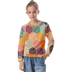 Abstract Hex Hexagon Grid Pattern Honeycomb Kids  Long Sleeve T-shirt With Frill 