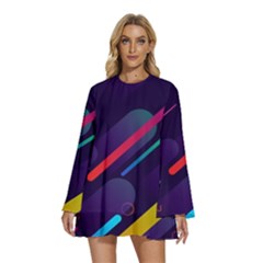 Colorful Abstract Background Round Neck Long Sleeve Bohemian Style Chiffon Mini Dress