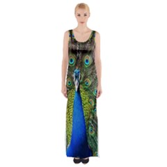 Peacock Bird Feathers Pheasant Nature Animal Texture Pattern Thigh Split Maxi Dress by Bedest