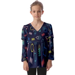 Memphis Seamless Patterns Abstract Jumble Textures Kids  V Neck Casual Top
