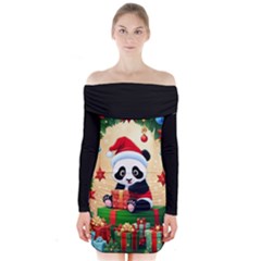 Schwarz Pandaweihnachten300dpi Long Sleeve Off Shoulder Dress by 2607694b