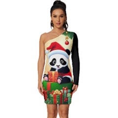 Schwarz Pandaweihnachten300dpi Long Sleeve One Shoulder Mini Dress by 2607694b