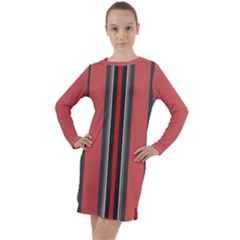 Rosa Grau Streifen Long Sleeve Hoodie Dress