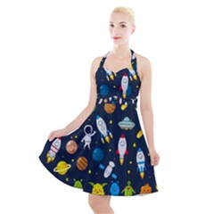 Big Set Cute Astronauts Space Planets Stars Aliens Rockets Ufo Constellations Satellite Moon Rover V Halter Party Swing Dress  by Bedest