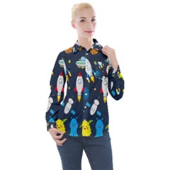 Big Set Cute Astronauts Space Planets Stars Aliens Rockets Ufo Constellations Satellite Moon Rover V Women s Long Sleeve Pocket Shirt