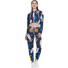 Big Set Cute Astronauts Space Planets Stars Aliens Rockets Ufo Constellations Satellite Moon Rover V Cropped Zip Up Lounge Set