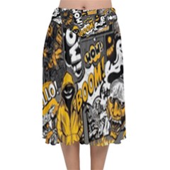 Boom Bang Art Crazy Drawing Graffiti Hello Retro Sayings Yellow Velvet Flared Midi Skirt