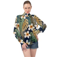 Seamless Pattern With Tropical Strelitzia Flowers Leaves Exotic Background High Neck Long Sleeve Chiffon Top