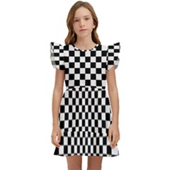 Illusion Checkerboard Black And White Pattern Kids  Winged Sleeve Dress