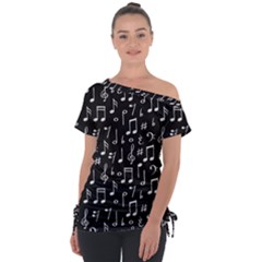 Chalk Music Notes Signs Seamless Pattern Off Shoulder Tie-up T-shirt