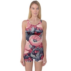 Vintage Floral Poppies One Piece Boyleg Swimsuit