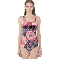 Vintage Floral Poppies One Piece Swimsuit
