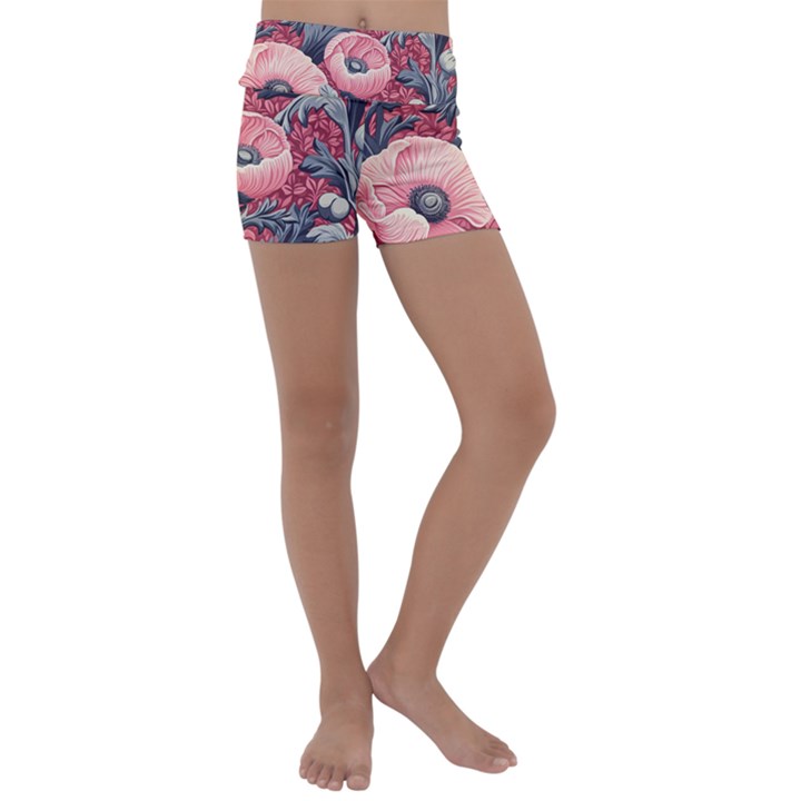 Vintage Floral Poppies Kids  Lightweight Velour Yoga Shorts