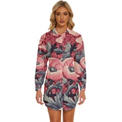 Vintage Floral Poppies Womens Long Sleeve Shirt Dress