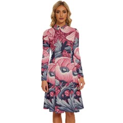 Vintage Floral Poppies Long Sleeve Shirt Collar A-line Dress