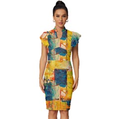 Wall Art Vintage Frill Sleeve V-neck Bodycon Dress by Azkajaya