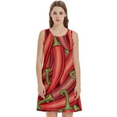 Seamless-chili-pepper-pattern Round Neck Sleeve Casual Dress With Pockets