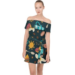 Seamless-pattern-with-breakfast-symbols-morning-coffee Off Shoulder Chiffon Dress