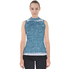 White And Blue Brick Wall Mock Neck Shell Top