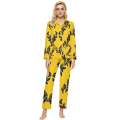 Yellow Regal Filagree Pattern Womens  Long Sleeve Velvet Pocket Pajamas Set