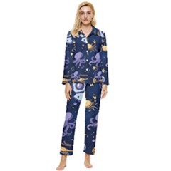 Marine Seamless Pattern Thin Line Memphis Style Womens  Long Sleeve Velvet Pocket Pajamas Set