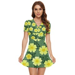 Bloom Flowering Yellow Blade Green V-neck High Waist Chiffon Mini Dress