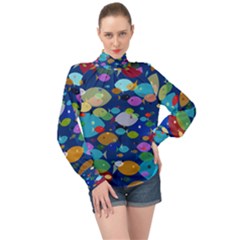 Illustrations Sea Fish Swimming Colors High Neck Long Sleeve Chiffon Top