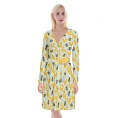 Bees Pattern Honey Bee Bug Honeycomb Honey Beehive Long Sleeve Velvet Front Wrap Dress