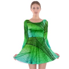3d Leaves Texture Sheet Blue Green Long Sleeve Skater Dress by Cemarart