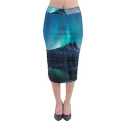 Aurora Borealis Mountain Reflection Midi Pencil Skirt by Grandong