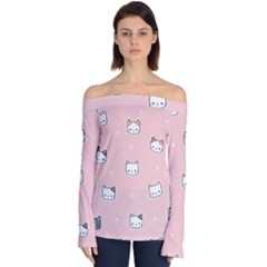 Cute Cat Cartoon Doodle Seamless Pink Pattern Off Shoulder Long Sleeve Top