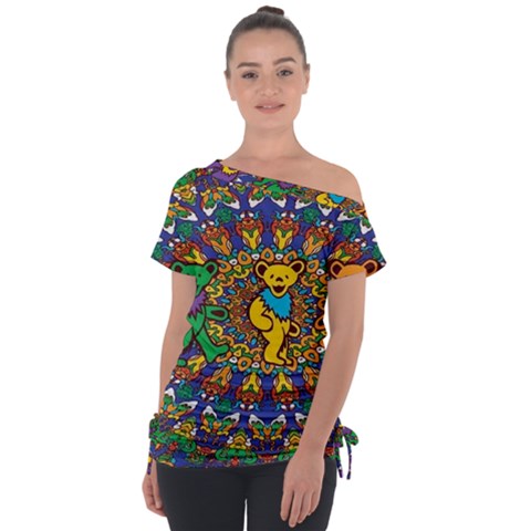 Dead Dancing Bears Grateful Dead Pattern Off Shoulder Tie-up T-shirt by Grandong