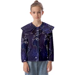 Blue World Map Starry Night Sky World Map Concept Art Kids  Peter Pan Collar Blouse by Loisa77