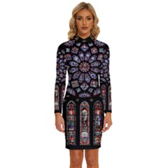 Chartres Cathedral Notre Dame De Paris Stained Glass Long Sleeve Shirt Collar Bodycon Dress by Grandong