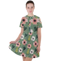 Flower Green Pink Pattern Floral Short Sleeve Shoulder Cut Out Dress 