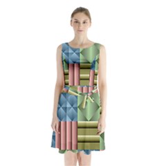 Patchwork Tile Pattern Mosaic Sleeveless Waist Tie Chiffon Dress by Loisa77